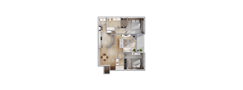 A floor plan of a house with a kitchen, living room, and two bedrooms.