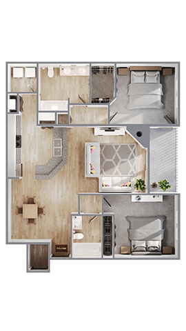 A floor plan of a house with a kitchen, living room, and two bedrooms.