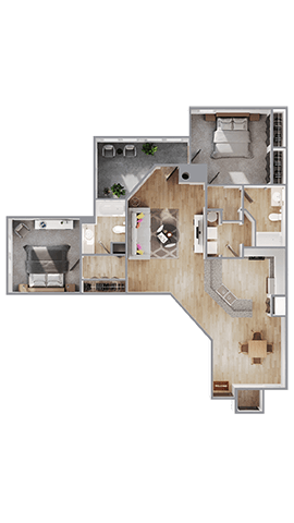 A floor plan of a house with a kitchen, living room, and two bedrooms.