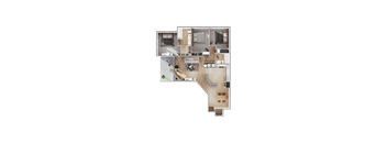 A floor plan of a house with a kitchen, living room, and two bedrooms.