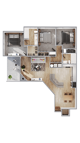 A floor plan of a house with a kitchen, living room, and two bedrooms.