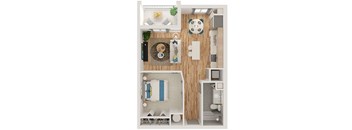 A top-down view of a small apartment with a bed, a couch, a dining table, and a kitchenette.