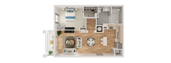 A top-down view of a small apartment with a bed, desk, and kitchenette.