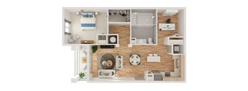 A top-down view of a small apartment with a bedroom, living room, kitchen, and bathroom.