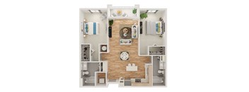 A top-down view of a well-organized apartment with a kitchen, living room, and bedrooms.