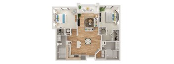 A top-down view of a house layout with a central living area, bedrooms, a kitchen, and a bathroom.