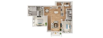 A floor plan of a house with a living room, kitchen, and two bedrooms.