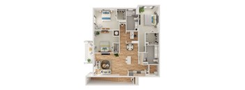 A floor plan of a small apartment with a kitchen, living room, and bathroom.