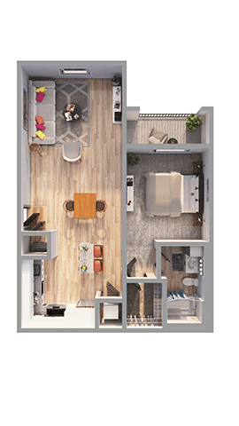 A floor plan of a small apartment with a kitchen, living room, and bathroom.