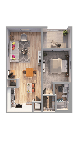 A dollhouse with a kitchen, living room, and bathroom.