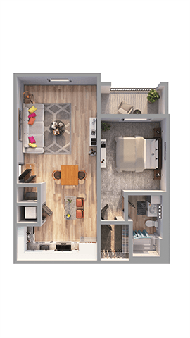 A floor plan of a small apartment with a kitchen, living room, and bathroom.