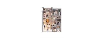 A top-down view of a small, neatly organized kitchen and living room.