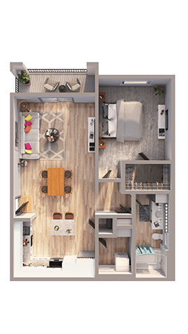 A top-down view of a small, neatly organized kitchen and living room.