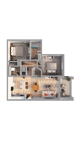 A 3D rendered image of a house layout.
