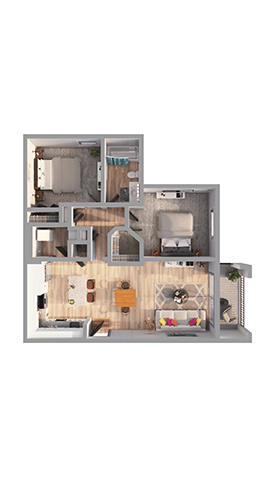 A 3D rendered image of a house layout.