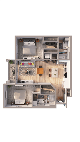 A top down view of a small apartment with a kitchen, living room, and bathroom.