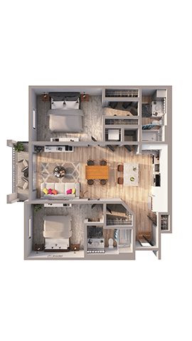 A top down view of a dollhouse interior with a kitchen, living room, and bedrooms.