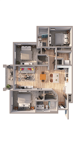 A 3D rendered image of a house layout.