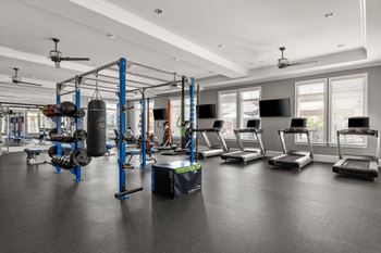 A gym with a variety of equipment including treadmills, weights, and a boxing ring.