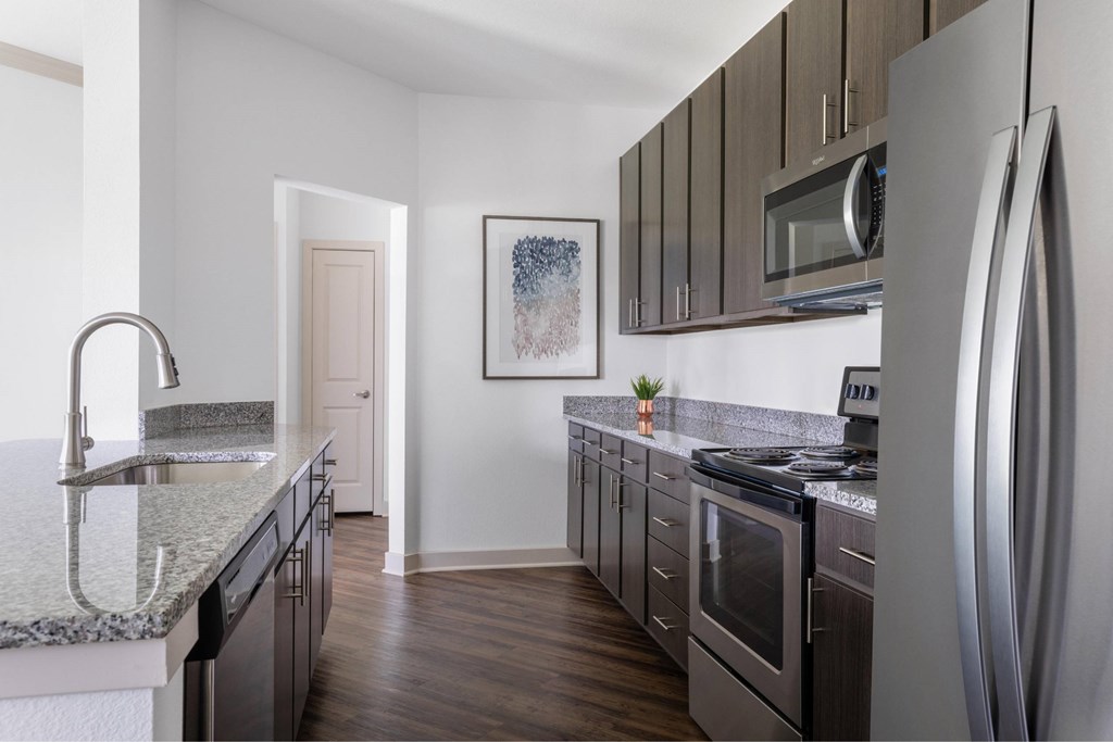 A modern kitchen with dark wood cabinets and stainless steel appliances.