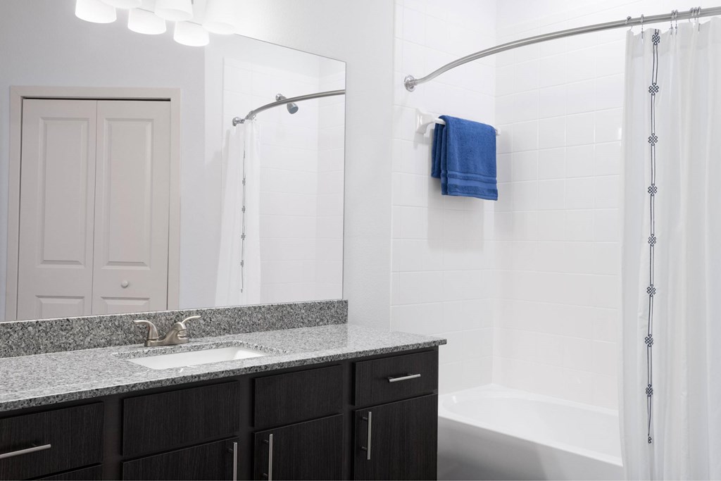 A bathroom with a sink, mirror, and shower.