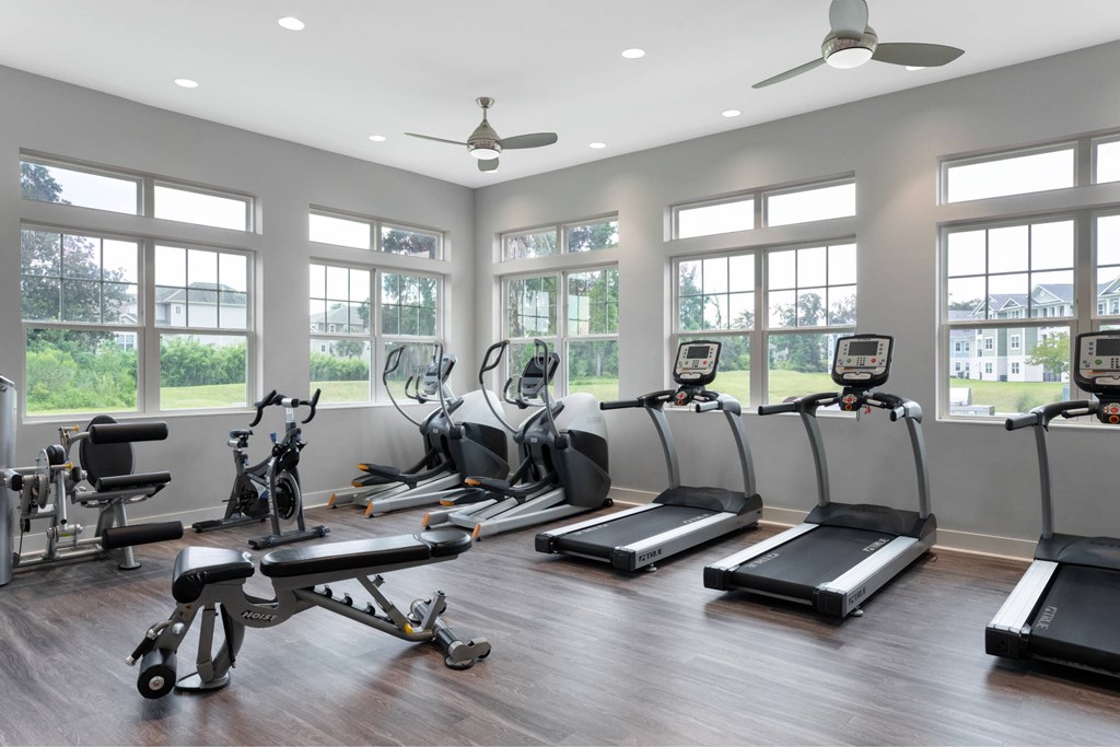 A gym with treadmills, exercise bikes, and other equipment.