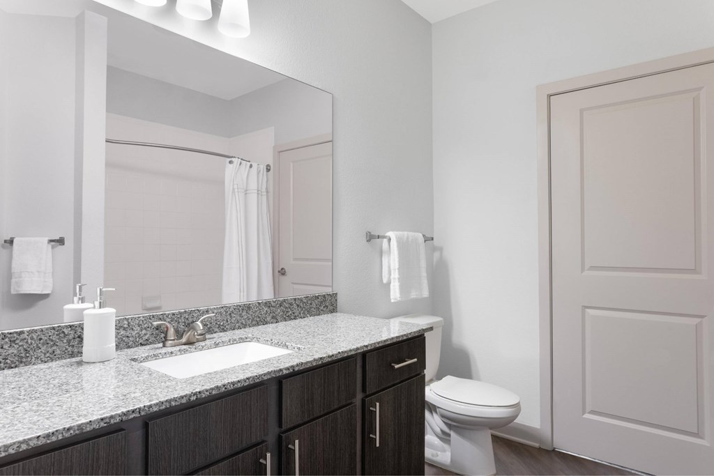A bathroom with a sink, mirror, toilet and a white door.