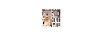 A top-down view of a small apartment with a kitchen, living room, and bathroom.