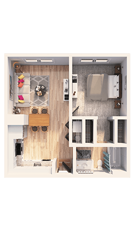 A top-down view of a small apartment with a kitchen, living room, and bathroom.