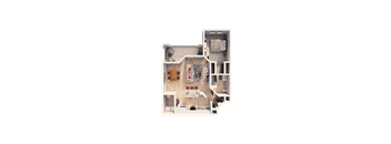 A top-down view of a house layout with a living room, kitchen, and two bedrooms.