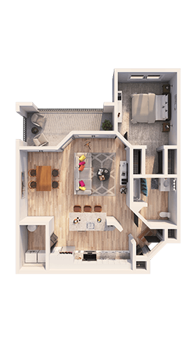 A top-down view of a house layout with a living room, kitchen, and two bedrooms.