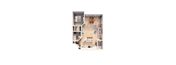A floor plan of a small apartment with a kitchen, living room, and bathroom.