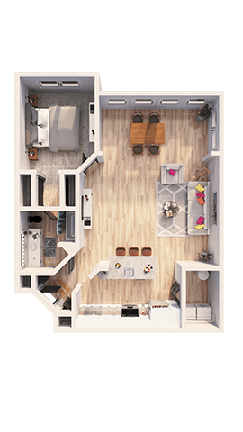 A floor plan of a small apartment with a kitchen, living room, and bathroom.