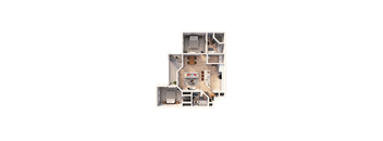 A floor plan of a house with a living room, kitchen, and two bedrooms.
