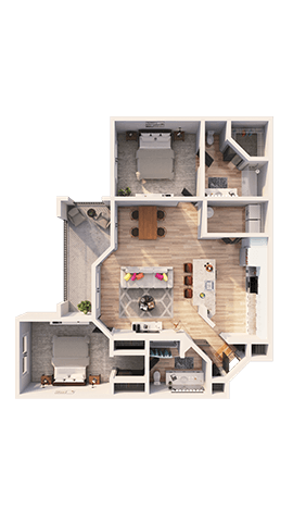 A floor plan of a house with a living room, kitchen, and two bedrooms.