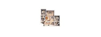 A floor plan of a house with a kitchen, living room, and two bedrooms.