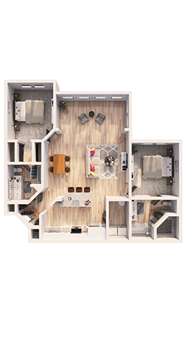 A floor plan of a house with a kitchen, living room, and two bedrooms.