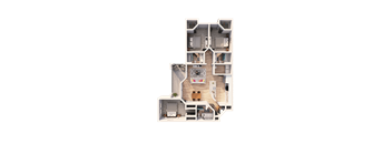 A detailed 3D floor plan of a multi-level apartment.