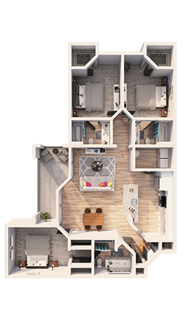 A detailed 3D floor plan of a multi-level apartment.