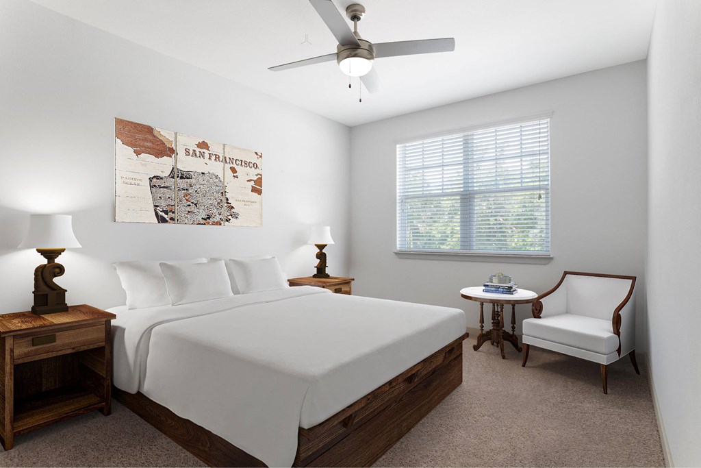 A bedroom with a San Francisco map on the wall.