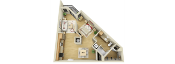 A 3D floor plan of a house with a living room, kitchen, and two bedrooms.