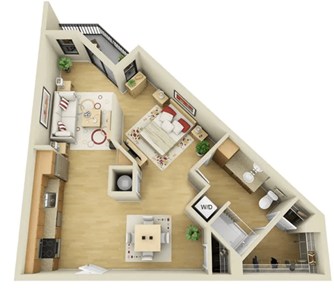 A 3D floor plan of a house with a living room, kitchen, and two bedrooms.