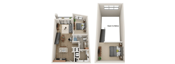 A diagram of a small apartment with two bedrooms and a living room.