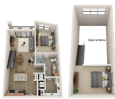 A diagram of a small apartment with two bedrooms and a living room.
