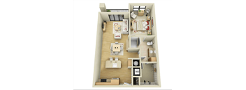 A 3D floor plan of a small apartment with a kitchen, living room, and bedroom.