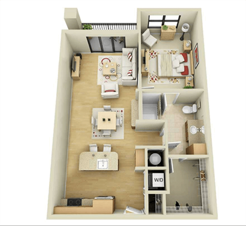 A 3D floor plan of a small apartment with a kitchen, living room, and bedroom.