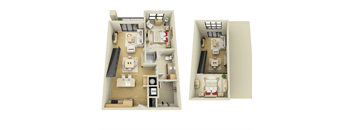 Two floor plans of a house with a living room, kitchen, and bedrooms.