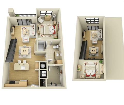 Two floor plans of a house with a living room, kitchen, and bedrooms.
