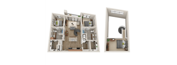 A 3D floor plan of a house showing the layout of the rooms.