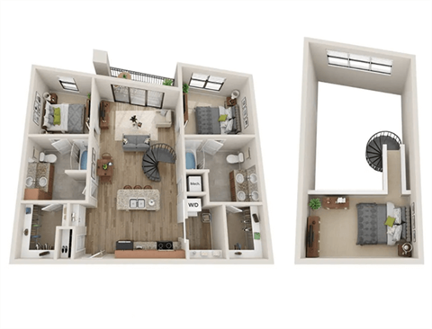 A 3D floor plan of a house showing the layout of the rooms.